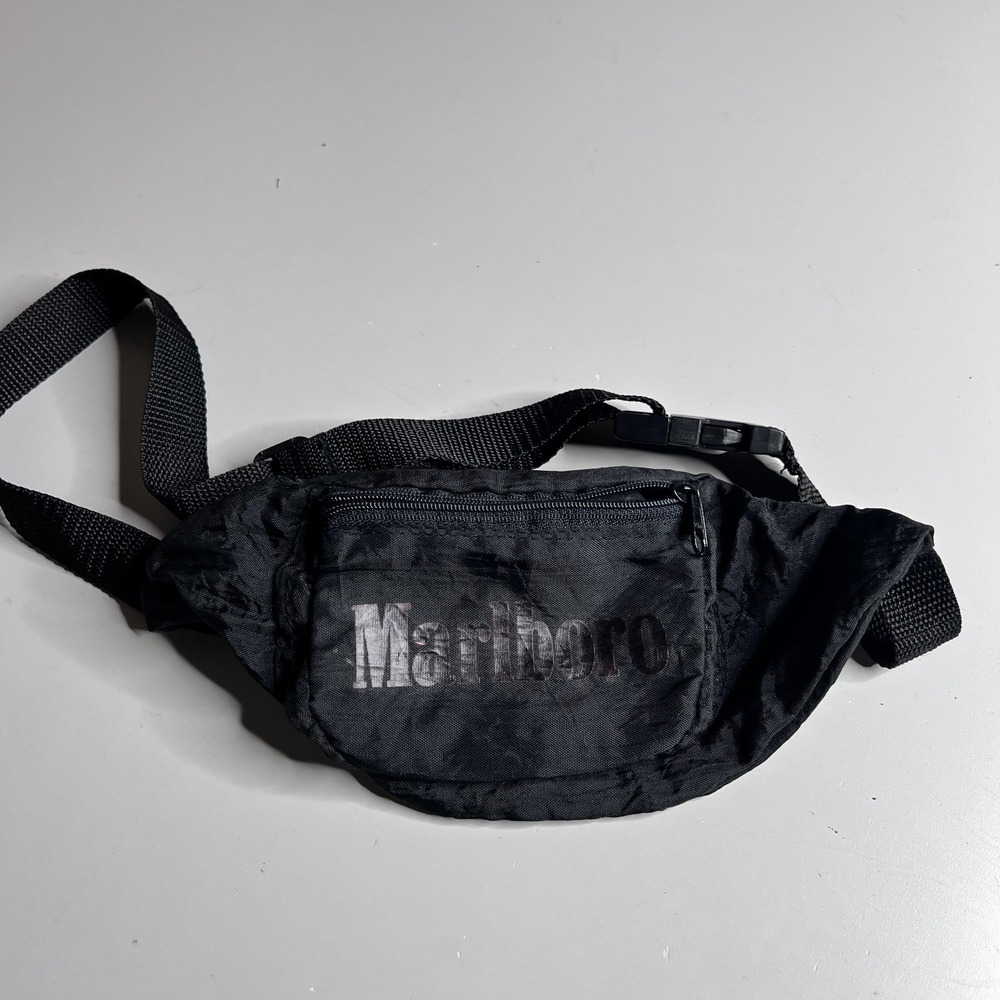 Marlboro Logo Fanny Pack Waist Bag Black Nylon Adjustable Strap Travel Pouch